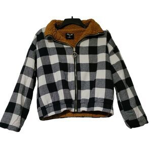 Love + Joy Cropped Buffalo Plaid Sherpa Lined Zip-Up Jacket Womens M